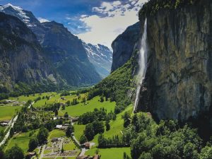 Interlaken Valley, Switzerland, with majestic mountains and a stunning alpine landscape. Swiss Postcards tour